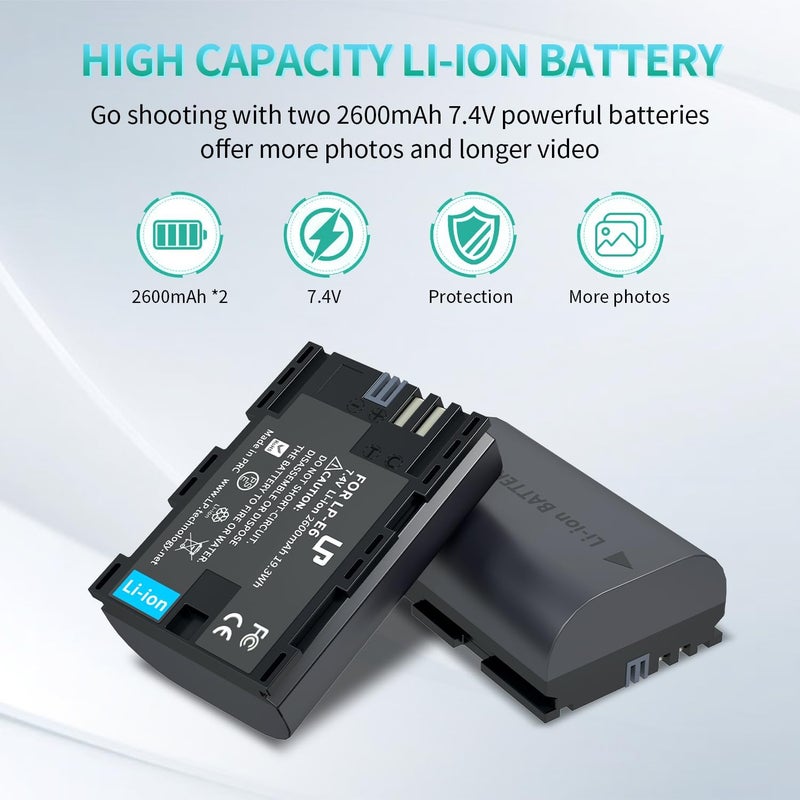 L & P -E6 E6N Battery Charger Pack, 2-Pack 2600mAh Battery & Dual Charger Compatible with Canon EOS R, R5, R6, 90D, 80D, 70D, 60D, 60DA, 5D Mark II, 6D, 6D Mark II, 7D, 7D Mark II, XC15, XC10 Cameras - Image 3